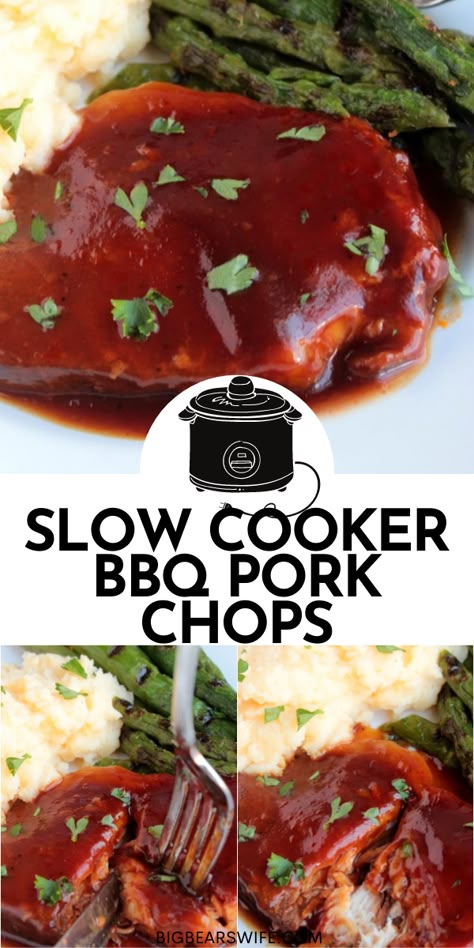 You only need 4 items for these Slow Cooker BBQ Pork Chops! Ready to make them? Grab some pork chops, BBQ sauce, soda, and a slow cooker! Crockpot Porkchops Bbq, Crock Pot Pork Chops Bbq, Barbecue Pork Chops In Crockpot, Crockpot Barbecue Pork Chops, Crockpot Bbq Pork Chops Boneless, Barbecue Pork Chops Crock Pot, Recipes For Pork Chops In Crock Pot, Pork Chops In The Crock Pot Bbq, Boneless Pork Chop Recipes Crockpot Bbq