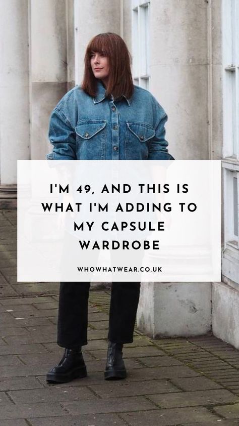 At 49, fashion editor Anna Cascarina has finally worked out her perfect capsule wardrobe. It is full of sensible purchases, no matter your age. Graphic Long Sleeve Tees Outfit, Anna Edit Outfits, Quirky Capsule Wardrobe, Creative Capsule Wardrobe, Anna Cascarina, Layered Clothes Aesthetic, Oversized Denim Shirt Outfit, Wardrobes Uk, Capsule Wardrobe 2020