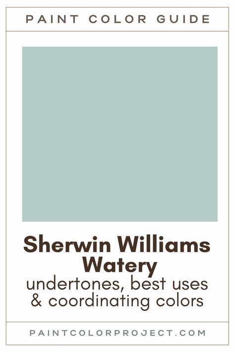 Looking for the perfect beach, paint color for your home? Look no further than Sherwin-Williams watery! Readon, to learn about the undertones, best uses, and a free, coordinating color palette. Sw Watery Bedroom, Sherwin Williams Blithe Blue, Sherwin Williams Watery Bathroom, Tiffany Blue Paint Sherwin Williams, Sherwin Williams Watery Front Door, Sherwin Williams Watery Bedroom, Watery Sherwin Williams Front Door, Sherwin Williams Watery Color Palette, Coastal Green Exterior House Colors