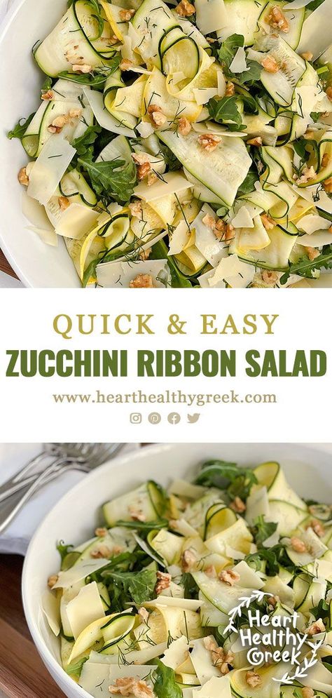 Zucchini Ribbons Recipes, Zucchini Ribbon Salad, Healthy Greek Recipes, Zucchini Side Dish Recipes, Zucchini Dinner Recipes, Zucchini And Yellow Squash, Ribbon Salad, Recipe For Zucchini, Raw Zucchini