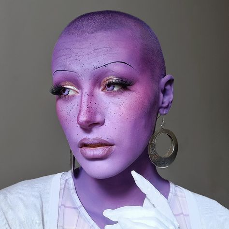 Full Face Purple Makeup, Purple Face Makeup, Purple Alien Makeup, Purple Skin Character, Fringe 2024, Purple Face Paint, Jessica Core, Purple Alien, Alien Makeup