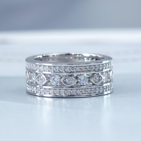 Wide Band Diamond Rings, Alternative Ring, Stacked Rings, Prong Engagement Rings, Real Diamond Rings, Sterling Silver Wedding Band, Wide Band Ring, Silver Top, Diamond Alternatives