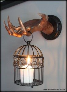 DIY Creepy Hand Wall Sconce Candle Holder – Transform a Fake Hand from Halloween Decoration to Gothic Home Décor with this makeover….. Patina Copper, Wicked fingernails, Birdcage Candle Holder | Me and Annabel Lee Blog Witchcraft Room, Goth It Yourself, Gothic Diy, Bird Cage Candle, Bird Cage Candle Holder, Diy Halloween Dekoration, Creepy Hand, Cherub Tattoo, Annabel Lee