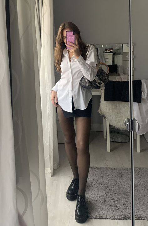 Black Mini Shirt Outfit, White Shirt And Mini Skirt Outfit, Black Shirt Skirt Outfit, Blouse And Mini Skirt Outfit, White Shirt Outfit With Skirt, White T Shirt Black Skirt, Sheer Tights Outfit Summer, Sheer White Shirt Outfit, White Sheer Tights Outfit