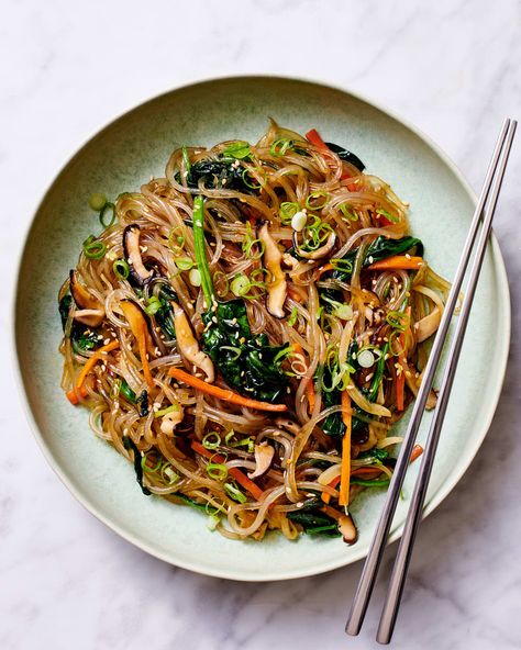 Japche plated. Japchae Vegetarian, Glass Noodles Vegetarian, Chap Chae, Japchae Recipe Korean, Sweet Potato Glass Noodles, Korean Japchae, Japchae Recipe, Korean Sweet Potato Noodles, Cooking Goals