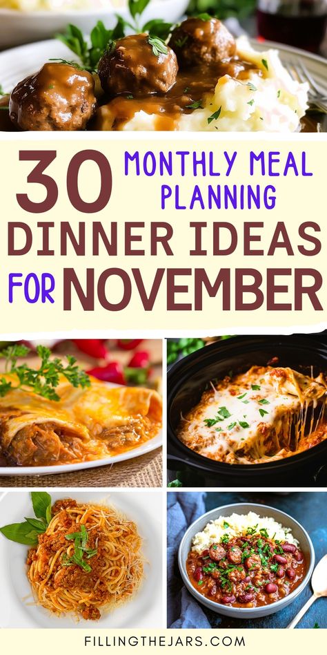 Plan your November meals with this hearty menu of cozy fall dinners. This monthly meal plan includes family dinner recipes perfect for fall weather. From fall crockpot meals to seasonal recipes, you’ll find November dinner ideas that make meal planning easier. Get inspired with these delicious meals for November and enjoy simple, cozy fall dinners. A Month Of Dinner Ideas, Veterans Day Meal Ideas, Monthly Meal Planning Ideas, Fall Weather Dinner Ideas, November Monthly Meal Plan, Weeknight Dinner Plan, Dinner For 3 Ideas, Monthly Menu Plan, Sunday Night Family Dinner Ideas