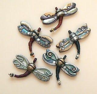 Polymer clay dragonflies steampunk style.  I'd never be able to make these, but I LOVE them! Polymer Clay Steampunk, Steampunk Dragonfly, Polymer Clay Kunst, Dragon Eyes, Dragon Flies, Dragonfly Jewelry, Clay Inspiration, Polymer Clay Animals, Clay Animals