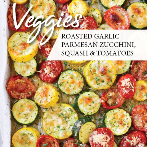 Roasted Garlic-Parmesan Zucchini, Squash and Tomatoes Squash And Zucchini Recipes Oven, Roasted Zucchini And Squash, Campari Tomatoes, Oven Roasted Zucchini, Parmesan Crusted Zucchini, Carb Sides, Zucchini Tomato, Roast Zucchini, Baked Squash