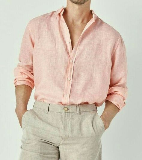 Peach Color Shirt For Men, Men Garden Party Outfit, Beach Wedding Mens Attire, Mens Wedding Guest Outfit, Wedding Guest Outfit Men, Tiana Wedding, Wedding Guest Men, Linen Shirt Outfit, Peach Clothes