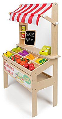 Amazon.com: Wooden Farmers Market Stand - Kid's Playroom Furniture Grocery Stand for Pretend Play (30+ Pieces) - Includes Fruit, Chalkboard, Chalk, and Cash Register: Toys & Games Farmers Market Stand, Kid's Playroom, Kids Play Set, Kids Playroom Furniture, Market Stands, Fun Indoor Activities, Kids' Playroom, Playroom Storage, Daycare Activities