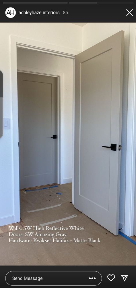 House Doors Colors Interior, White Walls With Grey Doors, Grey Door White Trim, Taupe Interior Doors White Trim, Grey Indoor Doors Interior Design, Beige Closet Door, Grey Interior Doors And Trim, Closet Doors Color Ideas, Interior Doors Remodel