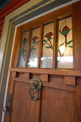 My front door. happyroost.com 1920s Front Door Ideas, Mission Style Front Door, Stained Glass Front Door, Craftsman Doors, 1940s Decor, Craftsman Style Doors, Door Making, Wedding Gift Money, Craftsman Door