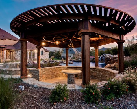 cool round gazebo Round Gazebo, Hot Tub Pergola, Pergola Cost, Pergola Decorations, Curved Pergola, Gazebo Ideas, Pergola Pictures, Cheap Pergola, Pergola Swing