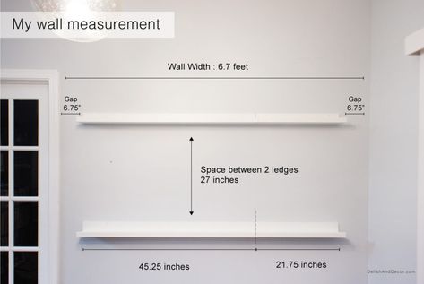 My wall measurement for picture ledges Picture Frames On The Wall Bedroom Hanging Photos Floating Shelves, Picture Ledge Decor Living Room, Ikea Mosslanda Nursery, Wall Art Around Window, Picture Ledge Height, How To Hang Picture Ledge Shelf, Picture Ledge In Dining Room, 48 Inch Picture Ledge Layout, Picture Shelf Ideas Living Room