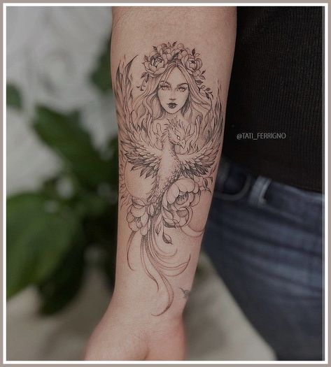 Camping Tattoo - If you found what you desire, it's very crucial that you take action immediately - Visit For More! Females Arm Tattoos, Fire Goddess Tattoos For Women, Phoenix Tattoo On Arm For Women, Goddess Sleeve Tattoos For Women, Phoenix And Woman Tattoo, Goddess Shoulder Tattoo, Mystical Woman Tattoo, Mystical Tattoos For Women Leg, Mother Nature Tattoos Goddesses Divine Feminine