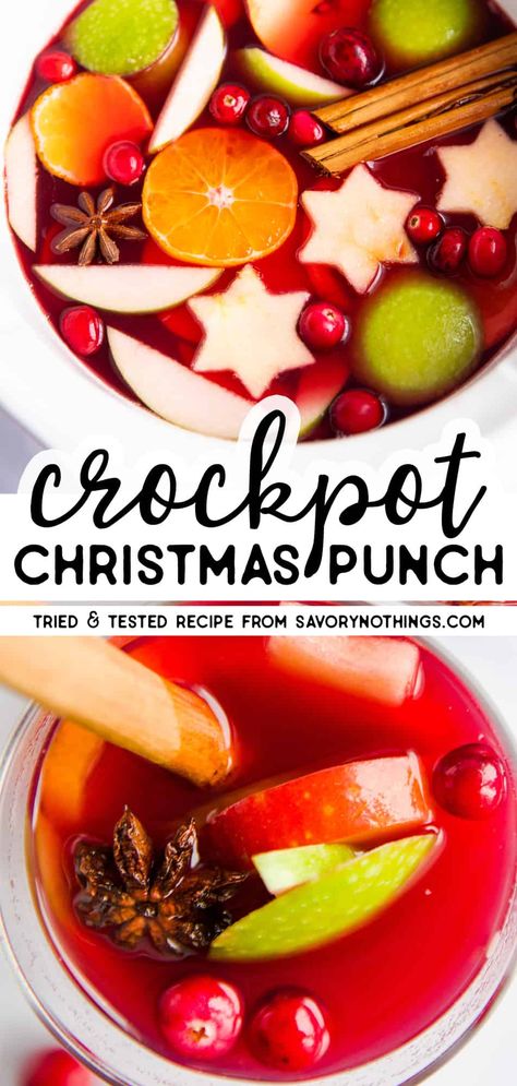 Make this crockpot Christmas punch for all of your holiday parties - it's SO easy, and incredibly festive. Serve it right from the slow cooker for a crowd pleasing party drink! Non-alcoholic recipe (with options to spike). | #christmas #christmasfood #christmasdrink #holidayrecipe #christmasrecipes #slowcooker #crockpot #punch #drink Slow Cooker For A Crowd, Hot Punch Recipe, Warm Christmas Drinks, Holiday Crockpot, Hot Christmas Drinks, Non Alcoholic Christmas Punch, Slow Cooker Drinks, Crockpot Drinks, Christmas Drinks Nonalcoholic