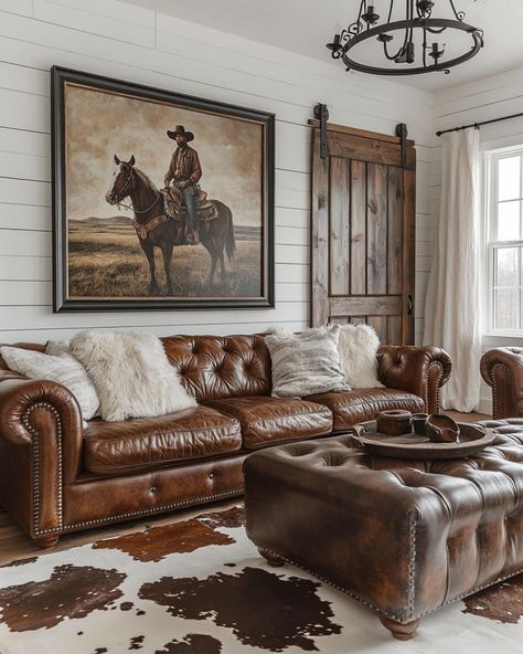 Western Farmhouse Living Room, Western Living Room Ideas, Cowhide Living Room, Living Room Redesign, Western Living Room, Cabin Wall Decor, Ranch House Decor, Old Home Remodel, Aesthetic Living Room