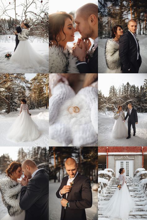 Weddings In The Snow, Pre Wedding In Snow, December Wedding Photography, Wedding Snow Pictures, Winter Wedding Ideas February, Christmas Wedding Photo Ideas, Winter Wedding Poses, Winter Wedding Portraits, Winter Wedding Photoshoot