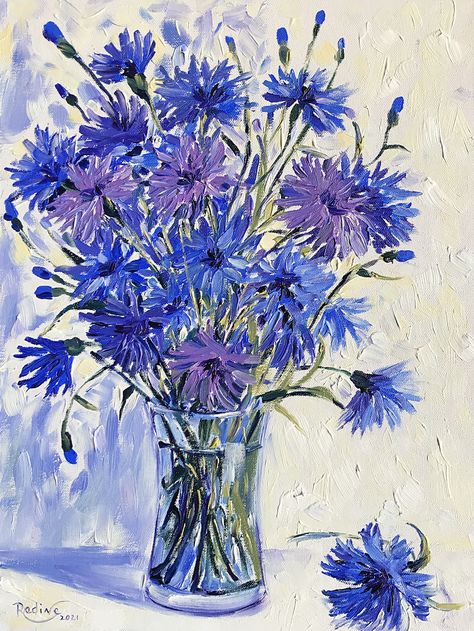 Blue Flower Oil Painting, Paintings Of Blue Flowers, Cornflower Painting Acrylic, Cornflowers Painting, Cornflower Painting, Blue Wild Flowers, Painting Summer, Art Sketches Doodles, Acrylic Painting Flowers