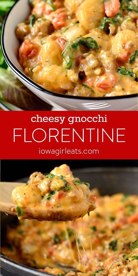 Cheesy Gnocchi Florentine is a quick, easy, and delicious weeknight meal! This gluten free dinner recipe is made in one skillet, in 30 minutes.  | iowagirleats.com #glutenfree Gnocchi Dishes Easy, Gnocchi Florentine, Crisp Gnocchi, Ground Italian Sausage Recipes, Cheesy Gnocchi, Sausage Gnocchi, Gnocchi Recipes Easy, Gnocchi Dishes, Gluten Free Gnocchi