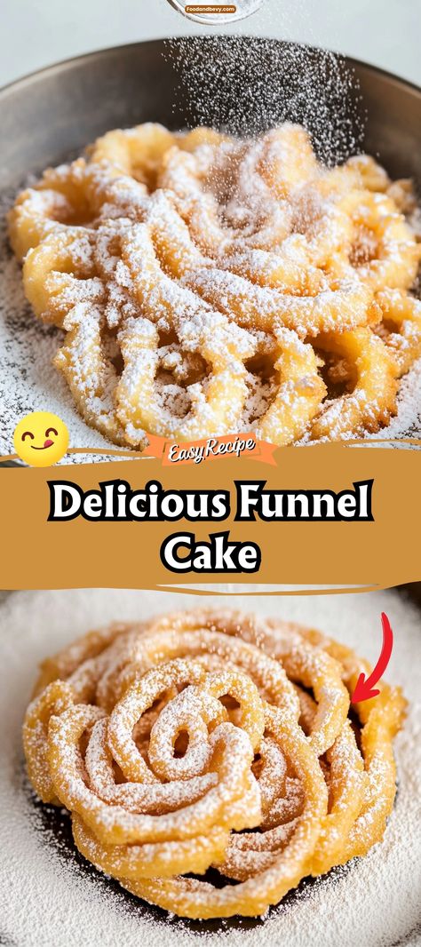 Enjoy the sweet, crispy delight of Funnel Cake, just like at the fair! This easy-to-make treat is drizzled with powdered sugar and can be topped with anything from fresh fruit to chocolate syrup. Perfect for family gatherings or a sweet evening treat. #FunnelCake #FairFood #SweetTreats Swans Cake Flour Recipes, Crispy Funnel Cake Sticks, Homemade Funnel Cake Recipe Easy, Funnel Cake Recipe With Pancake Mix Easy, Bisquick Funnel Cake Recipe, Funnel Cake Toppings Ideas, Funnel Cakes Recipe, Mini Funnel Cakes, Funnel Cake Batter