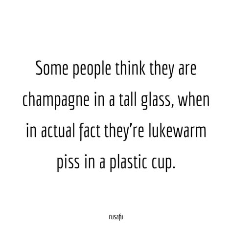 Some people think they are champagne in a tall glass, when in actual fact they're lukewarm piss in a plastic cup - RUSAFU Simply Quote, Roasts To Say, Hollywood Dream, Rude Quotes, Rude People, Savage Quotes, Funny Comments, Badass Quotes, Real Talk Quotes