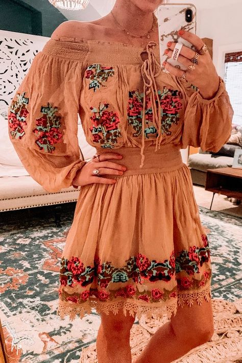 Long Sleeve Embroidered Boho Summer Dress, Long Tan Dress, Embroidered V-neck Boho Dress For Summer, Bohemian Off-shoulder Embroidered Dress, Spring Floral Embroidered V-neck Boho Dress, Bohemian Embroidered V-neck Boho Dress, Hunter Premo, Casual Boho Style, Boho Wear