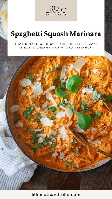 Spaghetti Squash With Cottage Cheese, Spaghetti Squash Cottage Cheese, Cottage Cheese Spaghetti Squash, Spaghetti Squash Recipes High Protein, High Protein Spaghetti Squash Recipes, Cottage Cheese Spaghetti, Spaghetti Squash Marinara, Cheese Spaghetti Squash, Lillie Eats And Tells