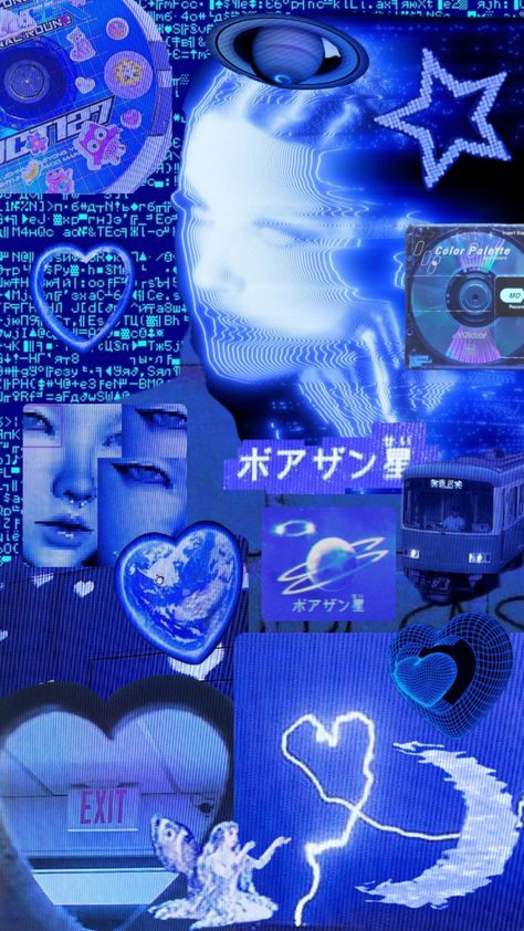 Blue Cyberpunk Aesthetic, Royal Blue Icons, Relaxing Pics, Blue Cyberpunk, Neo Y2k, Futuristic Outfits, Cybercore Aesthetic, Y2k Background, Vaporwave Wallpaper