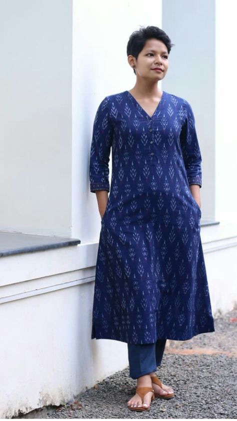 Dark blue cotton kurti Professional Kurti Designs Latest, Aline Kurta Designs Women, Cotton Kurta Designs Latest, Kurthi Necks Latest Design Cotton, Simple A Line Kurti Designs, Ikkat Suits Designs, Chudidar Neck Designs Latest Cotton, Aline Kurti Designs Latest, Ikkat Kurta Designs Ikkat Kurta Designs Latest