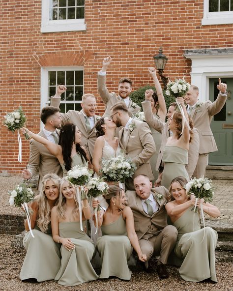 Tag your wedding party if this is your vibe 🎉🪩 #weddingparty #bridesmaid #weddingday2025 #bridetobe2025 #bridetobe2026 #weddingvibe #bethanysmithphotography #suffolkwedding Green And Beige Wedding Party, Light Green Wedding Party, Tan And Green Wedding Party, Tan And Green Wedding, Beige Green Wedding, Sage Green Bridal Party, Sage Green Wedding Party, Green Wedding Party, Tan Wedding