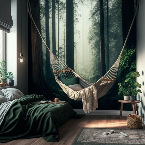 Concrete Patio Under Deck, Forest Aesthetic Bedroom, Forrest Bedroom, Forest Inspired Bedroom, Forest Bedroom Aesthetic, Forest Theme Bedroom, Forest Bedroom Ideas, Woodsy Bedroom, Forest Green Bedrooms