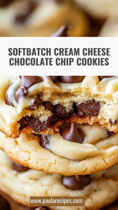 These Softbatch Cream Cheese Chocolate Chip Cookies are a dreamy combination of chewy perfection and chocolate goodness! 🍪💫 #ChocolateChipDelight #SoftbatchCookies #ChewyAndDelicious #BakedPerfection #CreamCheeseCookies #SweetTreats #CookieLovers #IndulgeYourself #BestCookieEver #SweetsOfJoy 🍪💫 Chewy Cream Cheese Cookies, Soft Batch Cream Cheese Cookies, Sour Cream Chocolate Chip Cookies Recipe, Cream Cheese Stuffed Chocolate Cookies, Soft Batch Cream Cheese Chocolate Chip Cookies, Soft Batch Cream Cheese Chocolate Chip, Cheesecake Chocolate Chip Cookies, Chocolate Chip Cream Cheese Cookies, Cookie Recipes With Cream Cheese