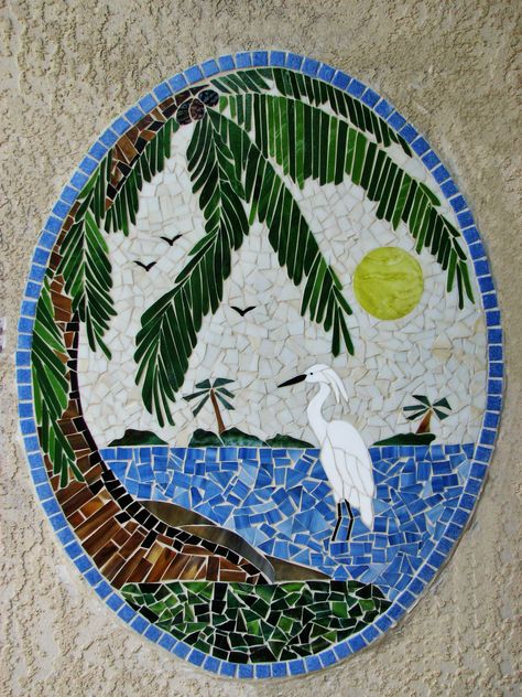 White Egret and Palm Tree Mosaic 33"x26" Palm Tree Mosaic, Tropical Quilts, Mosaic Art Supplies, Landscape Mosaic, Tree Mosaic, Mosaic Tray, White Egret, Mosaic Birds, Mosaic Art Projects