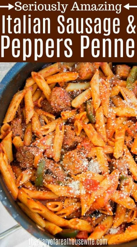 Italian Sausage and Peppers with Penne Pasta With Italian Sausage, Sausage Penne Pasta, Sausage And Peppers Pasta, Italian Sausage And Peppers, Sausage Penne, Sausage Recipes For Dinner, Sausage Pasta Recipes, Italian Sausage Pasta, Italian Sausage Recipes