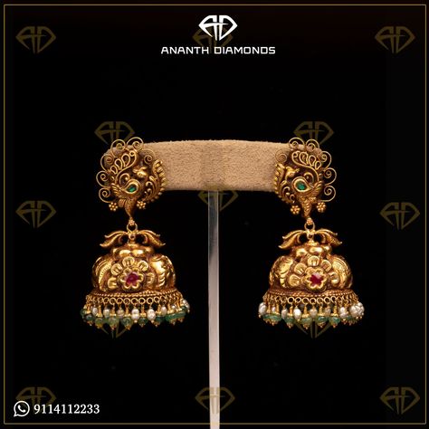 Bridal Earrings Gold Indian, Jumkis Indian Jewelry Gold Latest, Kammalu Buttalu Gold Latest, Antique Jumkas Design Gold, Gold Jumkas Design Latest Bridal, Jumkas Gold Indian Bridal Latest, Nakshi Buttalu Gold, Jumka Design Gold Latest, Antique Jhumkas Gold Temple Jewellery