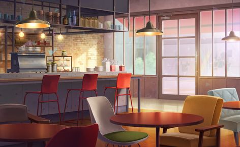 Gacha Cafe Background, Anime Backgrounds Cafe, Squad Background, Corner Island, Places Background, Red Stool, Cafe Background, Anime Houses, Interior Concept Art