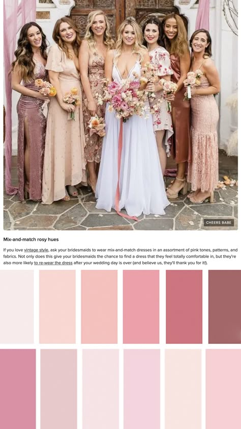 Mismatched Bridesmaid Dresses Rose, Bridesmaid Dress Colour Palette, Desert Pink Bridesmaid Dresses, Blush Mixed Bridesmaid Dresses, Different Shade Pink Bridesmaid Dresses, Mismatched Rose Bridesmaid Dresses, Shades Of Blush Bridesmaid Dresses, Pink Palette Bridesmaid Dresses, Blush Pink Mix And Match Bridesmaids