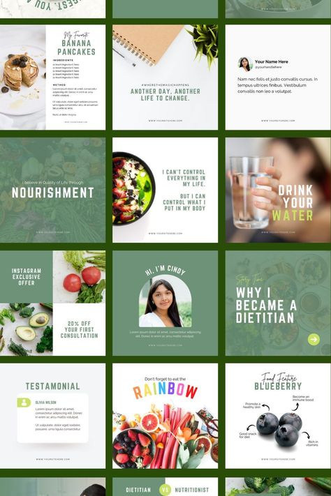 Dietitians, find 20+ social media templates for every platform to help you grow your business, engage with followers, and share your #Nutritionist_Branding_Social_Media #Registered_Dietitian_Aesthetic #Dietitian_Aesthetic #Nutritionist_Instagram Nutritionist Branding Social Media, Dietitian Instagram Post Ideas, Nutrition Social Media Posts, Healthy Food Social Media Design, Dietitian Aesthetic, Nutritionist Instagram, Nutritionist Branding, Social Media Ideas, Templates Instagram Post