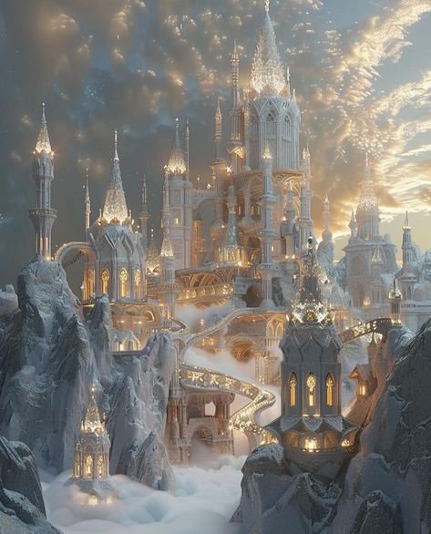 Castle In The Clouds Aesthetic, Sky Kingdom Aesthetic, Whimsical Winter Wonderland, Snow Kingdom Aesthetic, Snow Castle Aesthetic, Aesthetic Castle Exterior, White Fantasy Castle, Dark Ice Aesthetic, Fae Palace