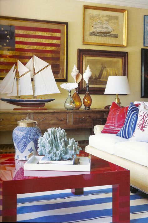 ciao! newport beach: red, white & blue by barclay butera Coastal Decor. Beach House, cottage decorating, coastal living by the sea décor, Nautical, coastal feel.  I can hear the relaxing, refreshing sound of the ocean ... listen.. Patriotic Room, Beach Red, Cottage Decorating, Barclay Butera, House Cottage, Sea Decor, Coastal Living Rooms, Coastal Living Room, Beach Cottage Style