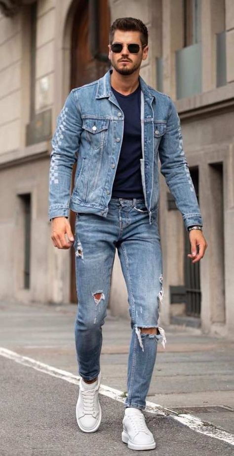 Denim On Denim Outfit Men, Men Denim Outfit, Denim Jeans Outfit Men, All Denim Outfits, Kemeja Denim, Denim Pants Outfit, Mens Fall Outfits, Denim Dress Outfit, Denim Outfit Men