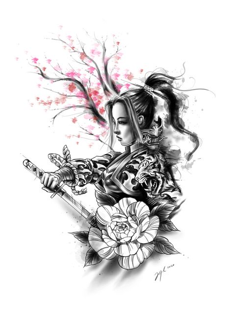 Female Samurai Tattoo, Japanese Geisha Tattoo, Japanese Warrior Tattoo, Female Warrior Tattoo, Geisha Tattoo Design, Half Sleeve Tattoos Forearm, Samurai Tattoo Design, Geisha Tattoo, Dragon Tattoo For Women