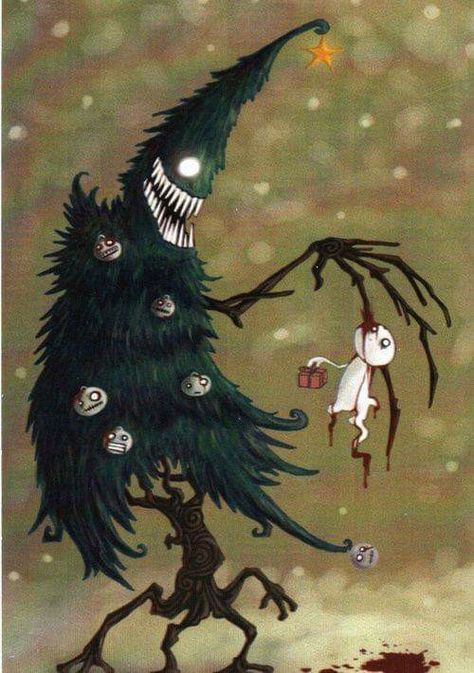 Creepy Tree Drawing, Tree Drawing Illustration, Creepy Tree, Scary Christmas, Christmas Horror, Gothic Christmas, Cartoon Santa, Creepy Christmas, Dark Christmas