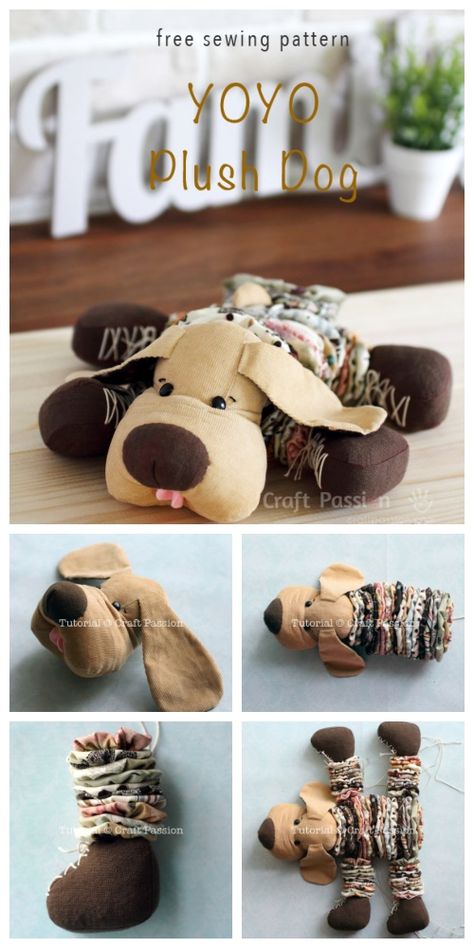 DIY YoYo Plush Dog Free Sewing Pattern & Tutorial Yoyo Dolls Pattern, Dog Plush Pattern Free Sewing, Pound Puppy Pattern Sewing, Diy Stuffed Dog, Stuffed Dog Pattern Free Sewing, Fabric Toys Diy Free Pattern, Fabric Yoyo Projects, Diy Yoyo, Yoyo Crafts