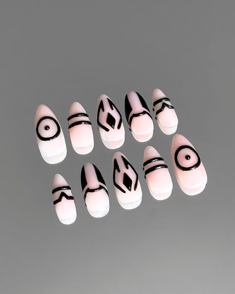 Sukuna-inspired press-on nail set!⛧🖤🩸⛧ When Zahra asked me to create these Sukuna-inspired nails, I was so excited to bring her vision to life! The intricate black tattoo designs from Jujutsu Kaisen are recreated with bold, precise lines and fun 3D accents, adding extra depth and dimension. These medium-length almond nails capture Sukuna’s signature look while staying wearable and stylish. Perfect for any anime fan wanting to add a bold, edgy vibe to their look! • • #pressonnails #jujutsukais... Nail Art Designs Anime, Sukuna Nails Design, Jujutsu Kaisen Nails Design, Anime Nail Art Designs, Anime Nails Designs, Anime Nail Designs, Jujutsu Kaisen Nails, Sukuna Nails, Jujutsu Kaisen Tattoo