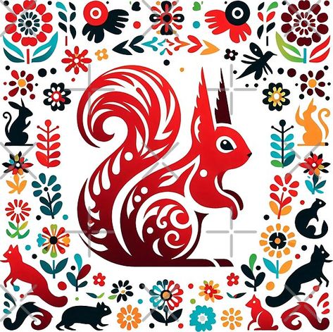 Folk Art Animals, Folk Art Patterns, Folk Illustration, Kitchen Knobs, Scandinavian Folk Art, Art Patterns, Red Squirrel, Whimsical Illustration, Polish Pottery