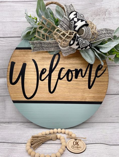 Welcome Aztec Print Spring Sage Dusty Blue | Wooden Sign | House Warming Gift | Gift for Her | Porch Sign | Wall Decor | Custom Sign Welcome to OK Babe Customs! We sell cute and affordable home decor items, cute and trending clothing, and more! Product info: This is a handmade door hanger/welcome Welcome Door Hanger Ideas, Fall Round Wood Signs Diy, Diy Door Hangers, Entry Decoration, Circle Signs, Wood Welcome Sign, Handmade Door, Fall Door Hanger, Door Hangers Diy