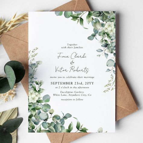 Eucalyptus Greenery Wedding Invitations with an elegant wedding template that is easy customize. Wedding Planning Checklist Detailed, Wedding Invitation Layout, Eucalyptus Wedding Invitation, Green Themed Wedding, Cat Wedding, Eucalyptus Greenery, Greenery Wedding Invitations, Boho Wedding Decorations, Classic Wedding Invitations