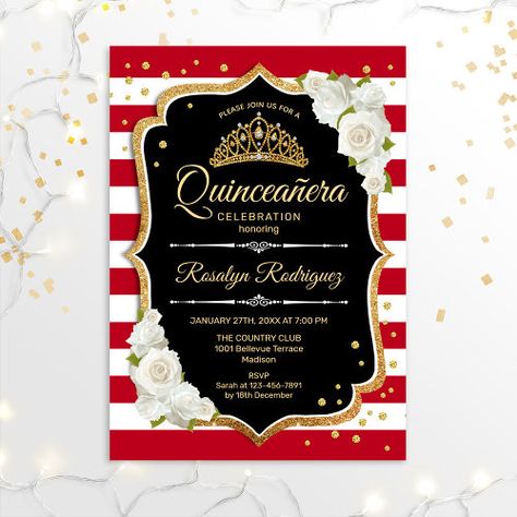 $2.8 | Quinceanera - Black Red White Gold - quinceanera, 15th birthday, tiara quinceanera, princess quinceanera, diamonds, elegant classy, glam chic bling sparkly, glitter gold, black red white gold, stripes White Gold Invitation, Gold Quinceanera, Silver Invitation, Birthday Tiara, Glam Chic, Gold Invitations, 15th Birthday, Quinceanera, White Silver